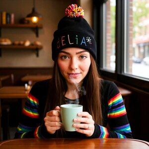 Delia*s Knit Beanie ✦ Black Multicolor Pom-Pom ✦ Embroidered Logo Winter Hat NWT